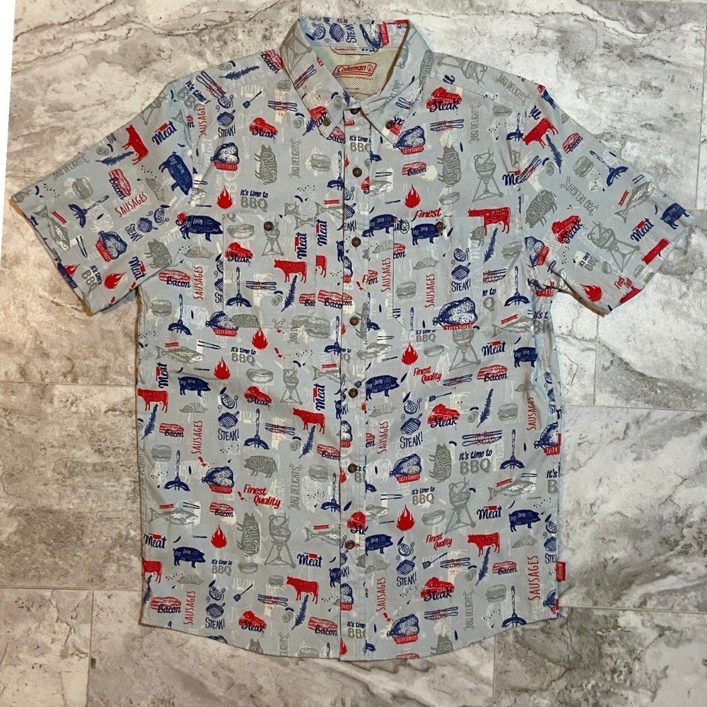Coleman Men's M BBQ Graphic Button Down Shirt Red Blue Short Sleeve Summer Flag